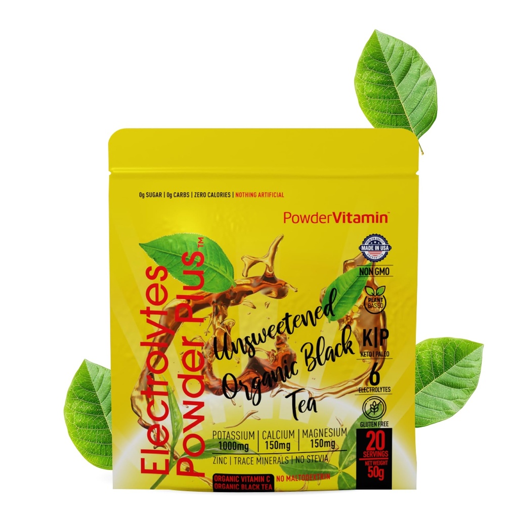 PowderVitamin Electrolytes Powder Plus (20 Servings) Unsweetened Black Tea Electrolyte Powder Keto,SugarFree, Pink Himalayan Salt,1000mgPotassium,150mgCalcium,150mgMagnesium,Hydration Powder NO STEVIA