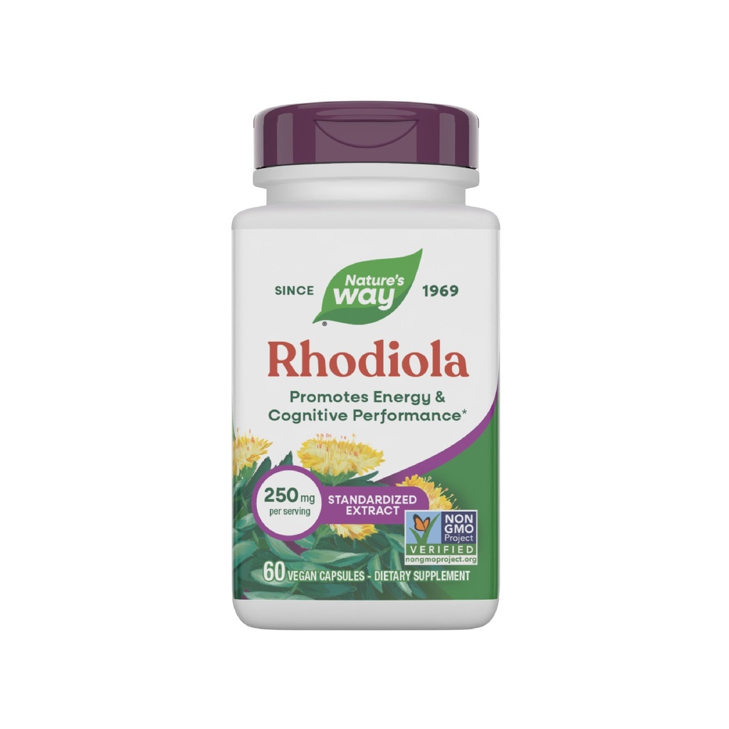 Nature's Way Rhodiola Premium Extract, 250 mg par portion, soutient l'énergie et la performance cognitive*, Herbe Adaptogène*, Projet non OGM Vérifié, végétalien, sans gluten, 60 capsules (paquetage May Vary)