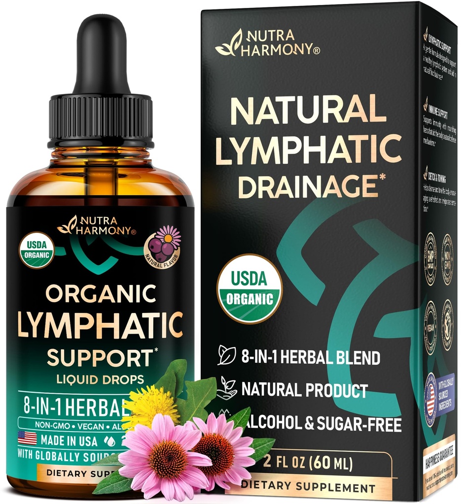 USDA Organic Lymphatic Drainage Supplement - Echinacea | Elderberry | Dandelion | Rosehip | Cleavers | Calendula | Burdock - Made in USA - Lymphsystem Drops - Immununterstützung, Cleanse & Detox, 2 fl oz
