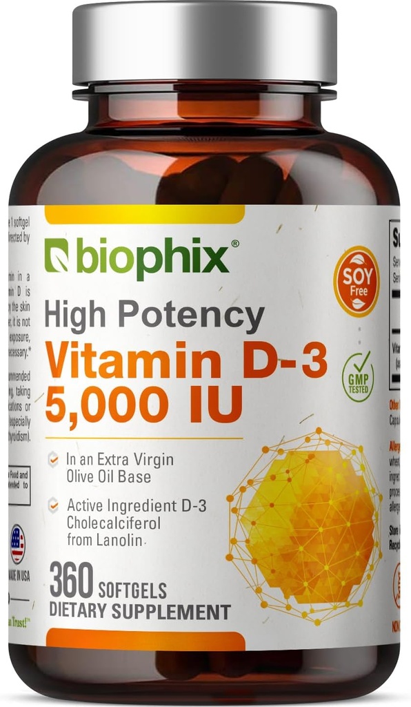 biophix Vitamin D-3 5000 IU 360 Softgels - hochkarätig in extra Virgin Olivenöl Non-GMO Soy-Free unterstützt starke Knochen Immungesundheit