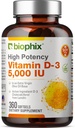 biophix Vitamin D-3 5000 IU 360 Softgels - hochkarätig in extra Virgin Olivenöl Non-GMO Soy-Free unterstützt starke Knochen Immungesundheit