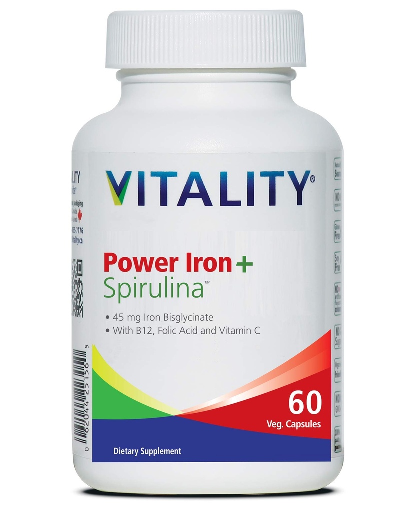 VITALITY Power Iron + Spirulina | 45mg Iron | Blood Builder | Iron Deficiency Support | Vegan | All Natural Supplement | Gentle on Stomach | Capsules... (60 Count (Pack von 1))