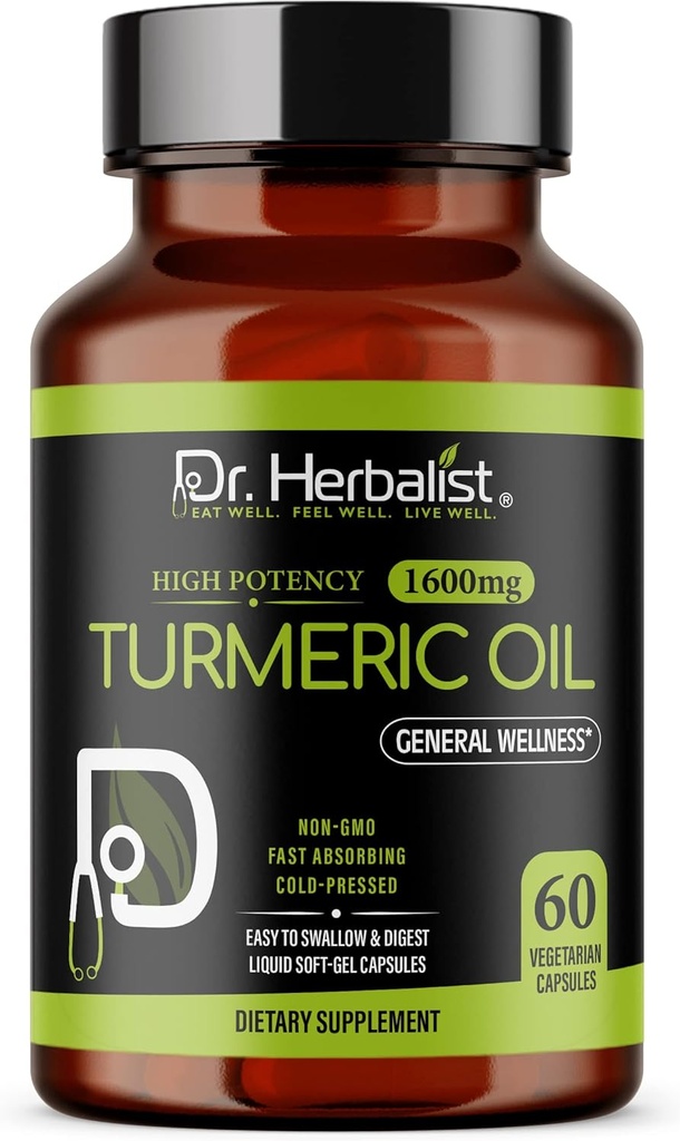 Dr. HERBALIST Kurkuma Öl Kapseln 1600mg - 60 Kapseln | Non-GMO | Fasting Absorbing | Vegetarisch | Kalt-gepresst | Hohe Potenz I AKA Haldi Kapseln (1 Packung: 60 Kapseln)