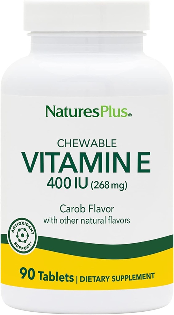 NaturesPlus Vitamine E à croquer - 400 iu, 90 comprimés végétariens - Saveur de caroube naturelle - Fonction cardiovasculaire saine, défense gratuite et bien-être général - Sans gluten - 90 portions