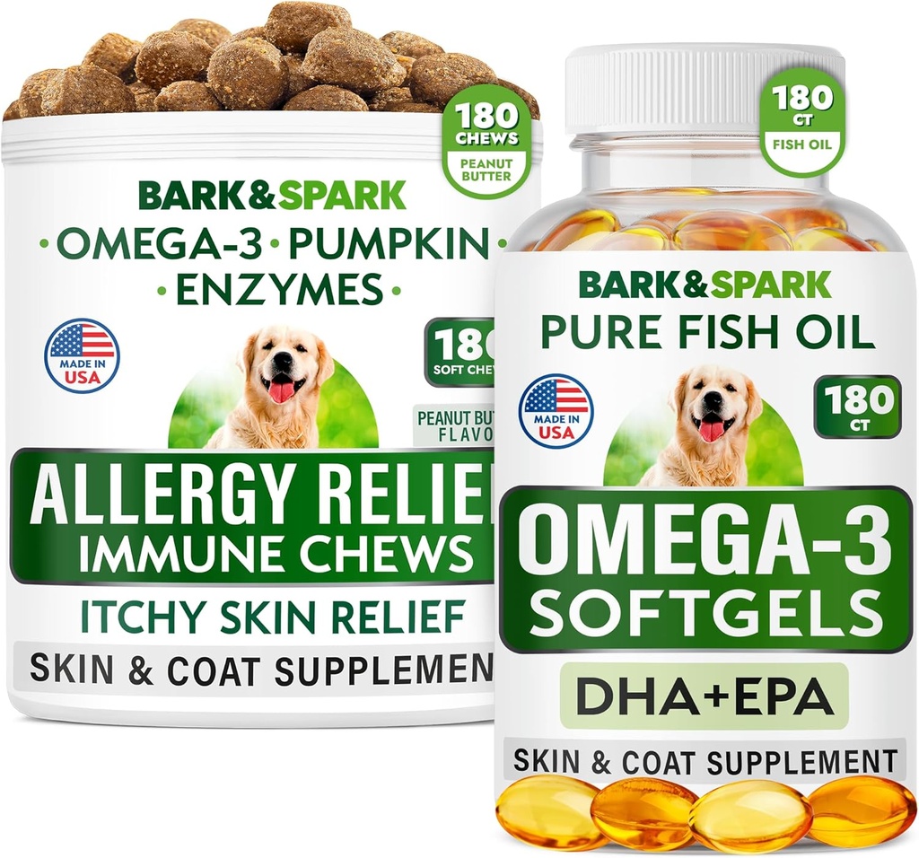 Allergie + Omega 3 Ensemble - Supplément pour la peau et le manteau anti-démangeaisons + Allergie pour la peau - Omega 3 Huile de poisson + acide gras de l'EPA et de la DHA - Démangeaisons et piqûres + santé articulaire - 180 Chews + 180 Softgels - Fabriqué aux États-Unis