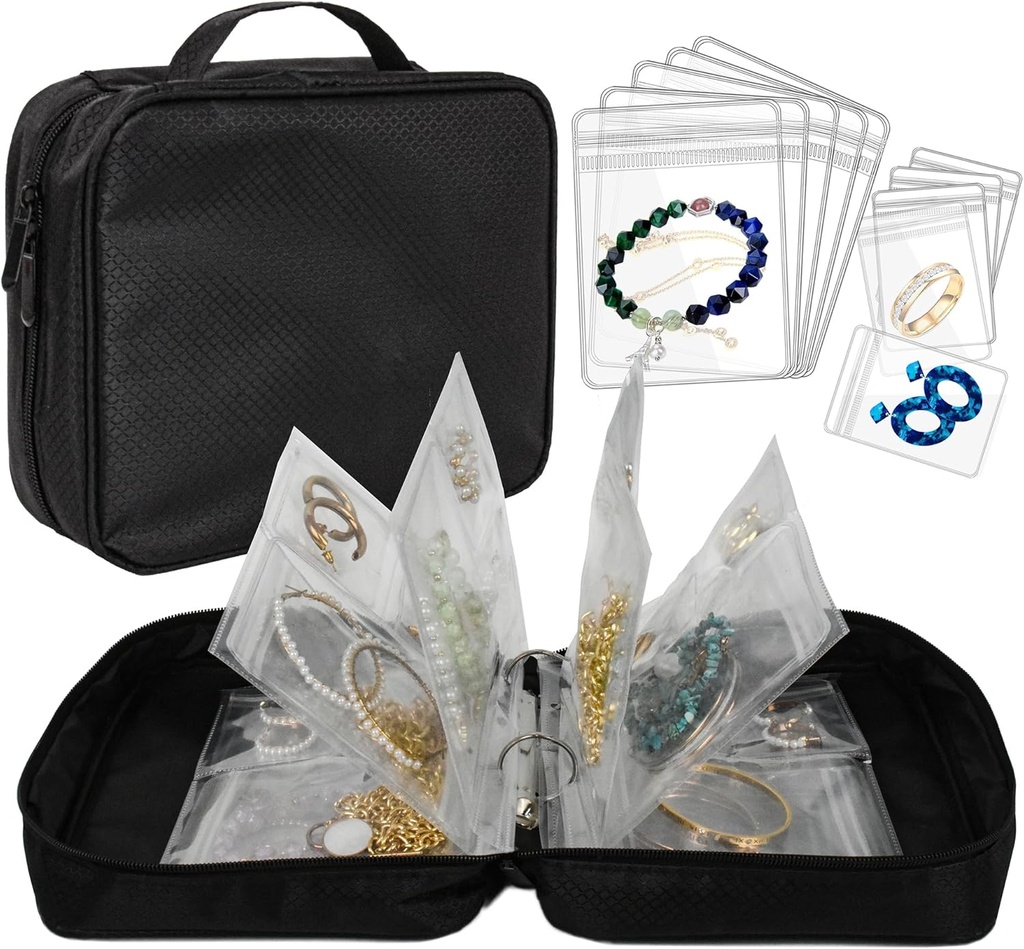 Reise Schmuck Organizer Case Transparent Schmuck Aufbewahrung Buch Binder Tasche für Ohrringe, Ringe, Halskette, Armband (All-Black)