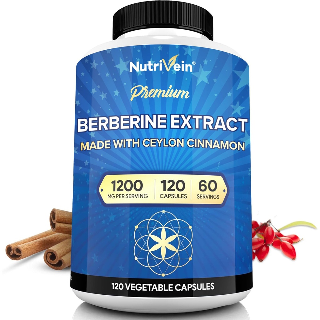 Nutrivein Premium Berberine HCL 1200 mg mit Ceylon Cinnamon - 120 Kapseln: High-Absorption Berberine Ergänzung für Verteidigung, Verdauung, & Stoffwechsel