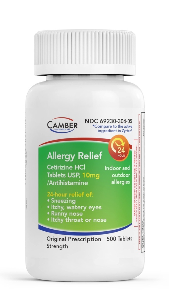 CAMBER PHARMACEUTICALS, INC Cetirizine HCI 10mg Tablets, 24-Stunden Allergy Relief, Allergy Medication - 500 Count