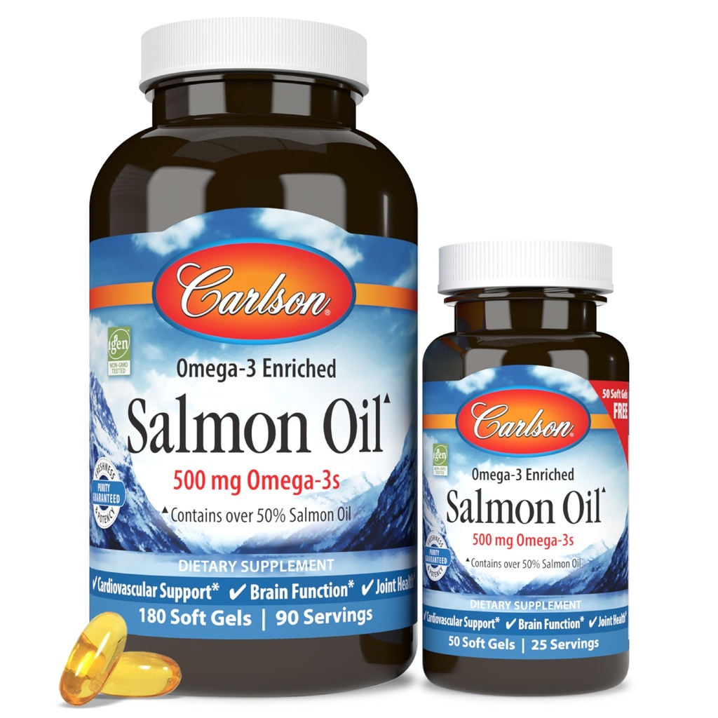 Carlson - Norwegisches Lachsöl, 500 mg Omega-3s, Norwegische Lachsölergänzung, Wild Caught Omega 3 Lachsöl Kapseln, Sustainable Sourced, Brain, Heart & Joint Health, 180+50 Softgels