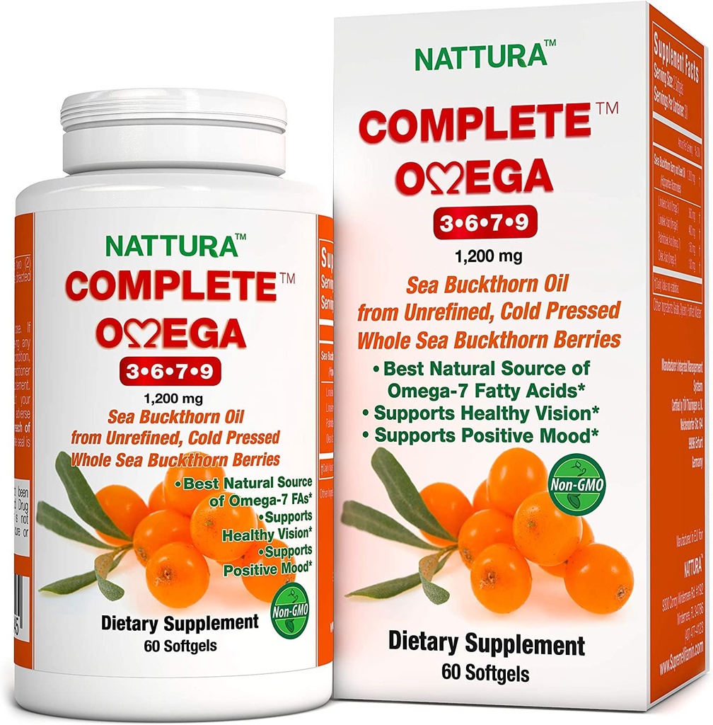 Nattura Complete Omega 3-6-7-9, Pure Sea Buckthorn Oil, European Quality, from Unrefined, Cold Pressed Whole Sea Buckthorn Wild Berries - Non-GMO, Certified Kosher, Gluten-Free 1 Flasche - 60 Kapseln