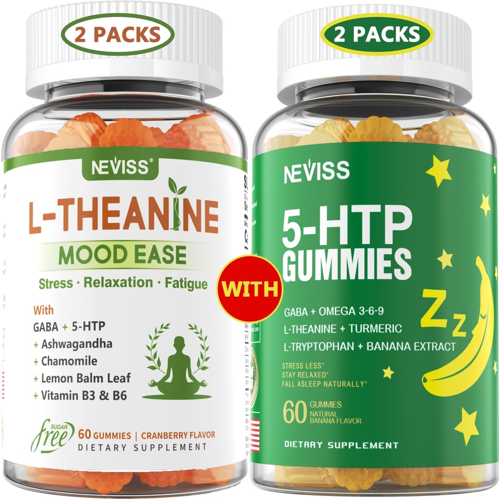 NEVISS Sugar Free L-Theanine Calm Gummis 120 Zähler + Sugar Free 5-HTP Gummies 120 Zähler