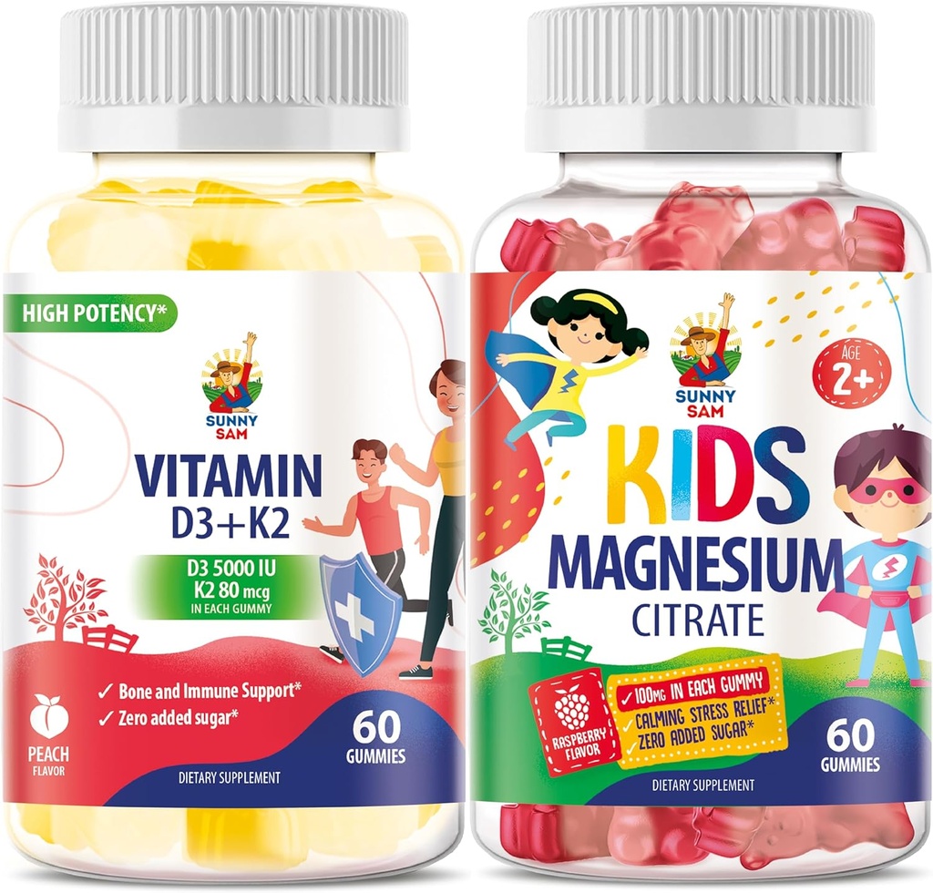 SUNNY SAM Vitamin D3 K2 Gummie 5000 IU & Magnesium Gummi für Kinder Citrate Kaubare Ergänzung für Mood & Muskelunterstützung