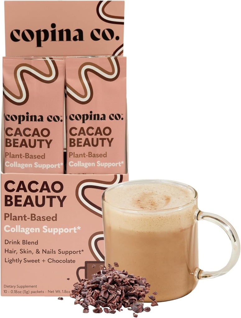 Copina Co. Cacao Beauty Vegan Collagen Booster Getränk Mischung: Plant-Based Collagen Support Smoothie Drink Vegan Mischung Sorte Pack | Cacao Flavor | 10 Individuelle Stick Packs pro Karton