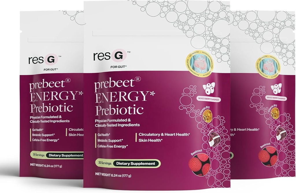 ResBiotic resG prebeet - Prebiotics Drink for Digestion, Occasional Constipation, Gas, Bloating with Akkermansia & GLP-1 Support w/Beet Root & Fiber, Gut Health for Women & Men - 560g (90 Servings)