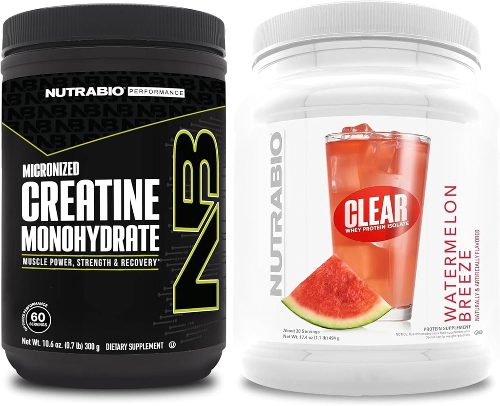 NutraBio Creatine Monohydrate, Unflavored, (300 g) und Clear Whey Protein Isolate, (Watermelon Breeze) Supplement Bundle – Muskelenergie, maximales Wachstum, Erholung und Stärke
