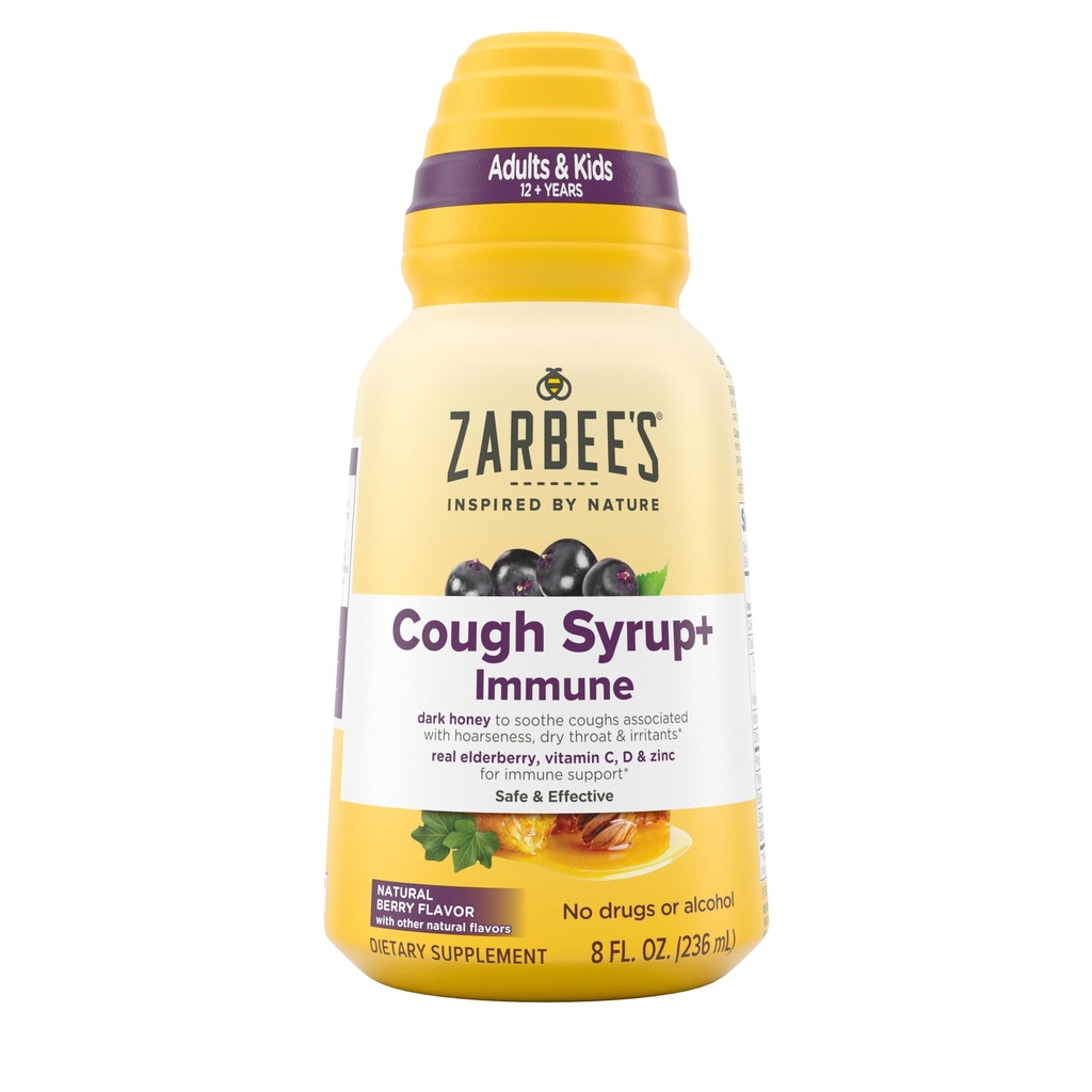 Zarbee's Naturals Complete Daytime Cough Syrup + Immune mit Dark Honey, Real Elderberry, Vitamin C, D & Zink, 8 oz Flasche