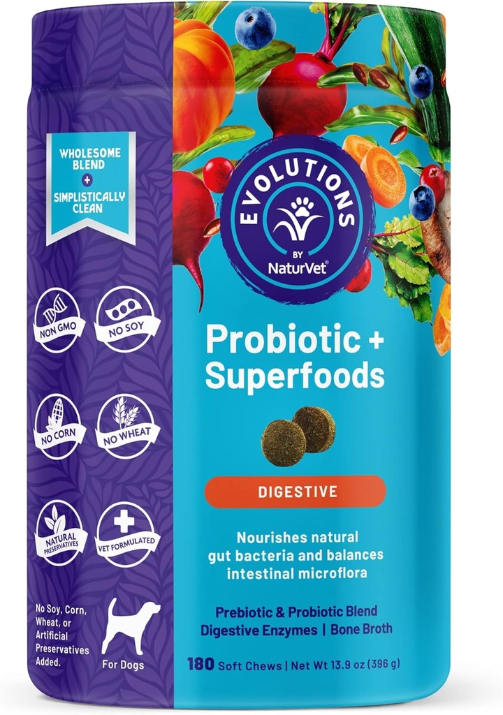 NaturVet Evolutions Probiotic & Superfoods 90ct Soft Chews für Hunde - Prebiotic & Probiotic Blend, Verdauungsenzyme, Bone Broth, Omega's - Nourishes Natural Gut Bacteria und Intestinal Microflora