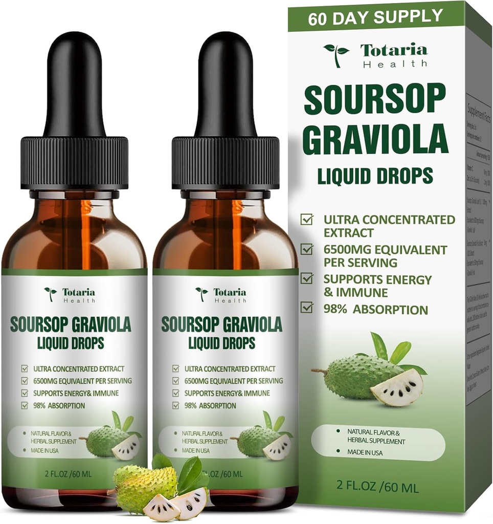 (2 Packs) Pure Soursop Graviola Flüssigkeitstropfen-Unterstützung Verdauungs Haut Gesundheit, Schlaf &amp; Antioxidans - Guanabana Öl Bio Blatt Exact Soursop Bitters Flüssigkeitstropfen, Natürliche Geschmack, Non-GMO, Vegan, 4 Fl Oz