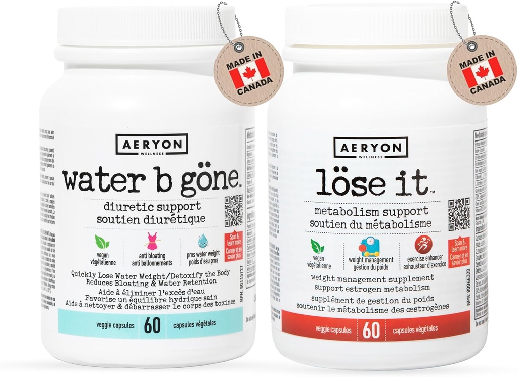 Water B Gone [20 jours d'approvisionnement] & Perdre [30 jours d'approvisionnement] - Pack de valeur – Pills diurétiques pour les femmes – Réduire la rétention d'eau et le ballonnement – Trouver un soulagement des SPM – 60 capsules véganes