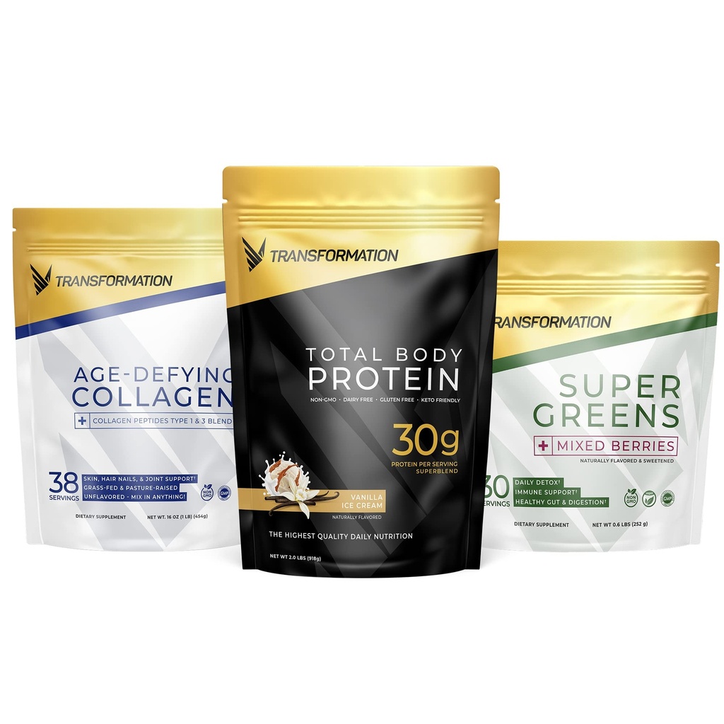 Transformation Vanilla Protein Pulver | 30G Multi-Protein Superblend + Grass-Fed hydrolysierte Collagen Peptide Pulver-Haar, Haut, Nägel + Bio Super Greens Superfood Pulver- Immun- und Energieunterstützung