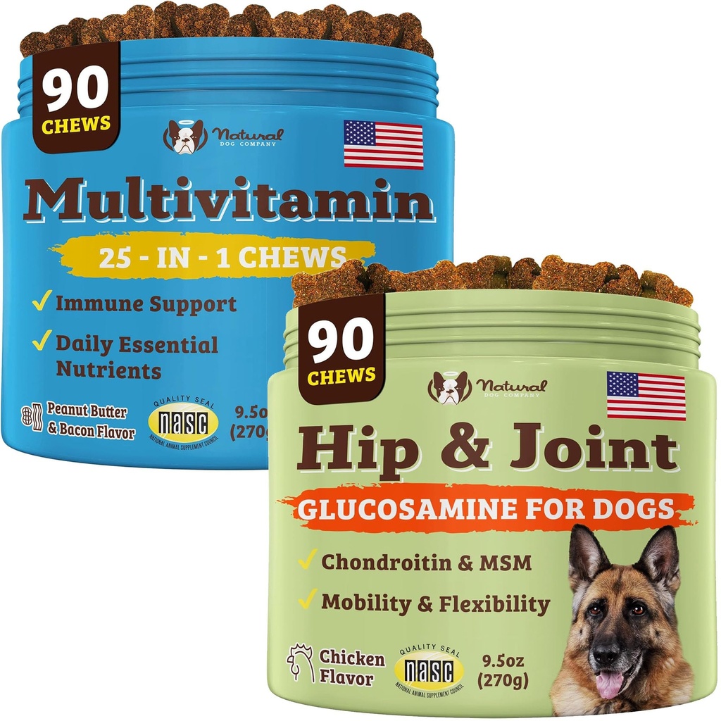 Natural Dog Company Hundezusätze für Senioren & Aktive Hunde - Multivitamin Chews & Hip & Joint Relief - Komplette Ernährungsunterstützung für gemeinsame Gesundheit, Vitamine für Hunde, Energie, & Vitalität