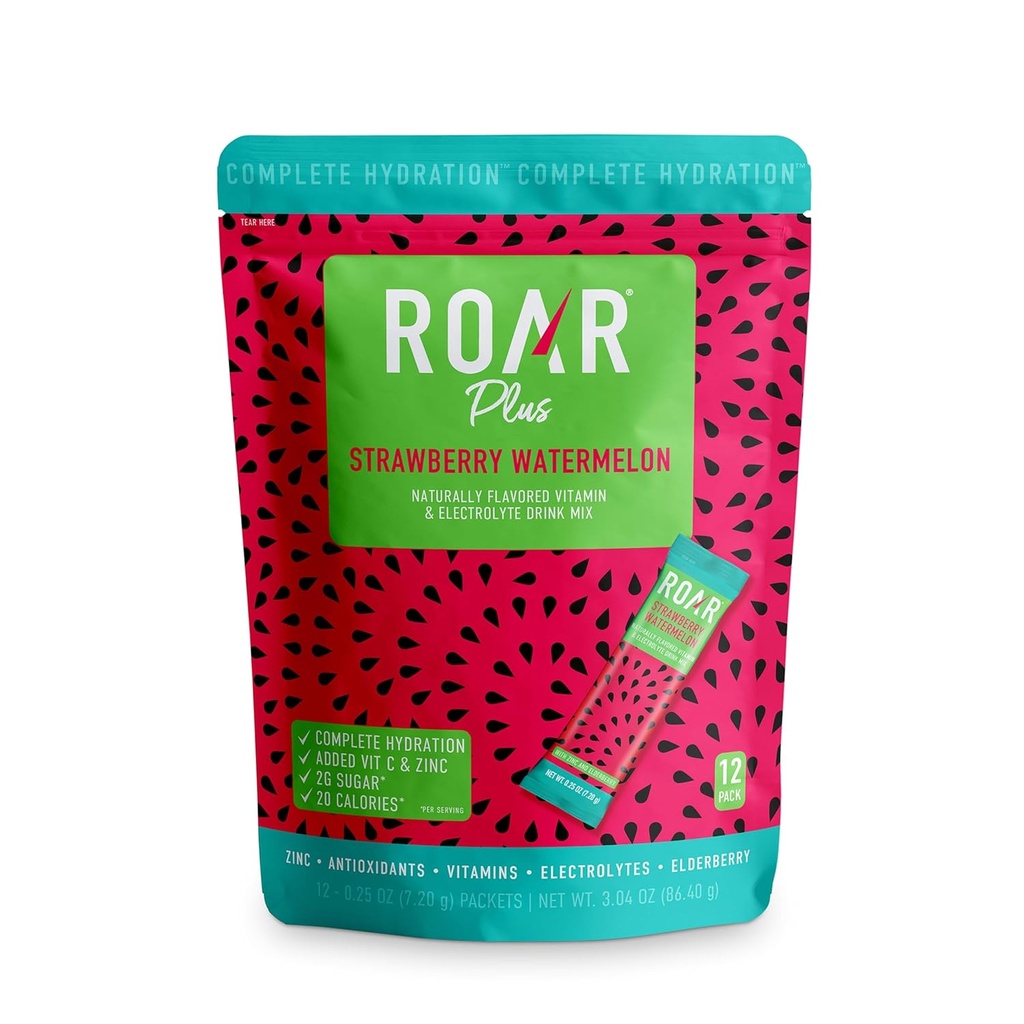 Roar Complete Hydration Powder Plus - Hydration Packets mit Zink und Elderberry - Elektrolyte Pulver Keine GVO, Glutenfrei - Tropical Twist - 12 Stück