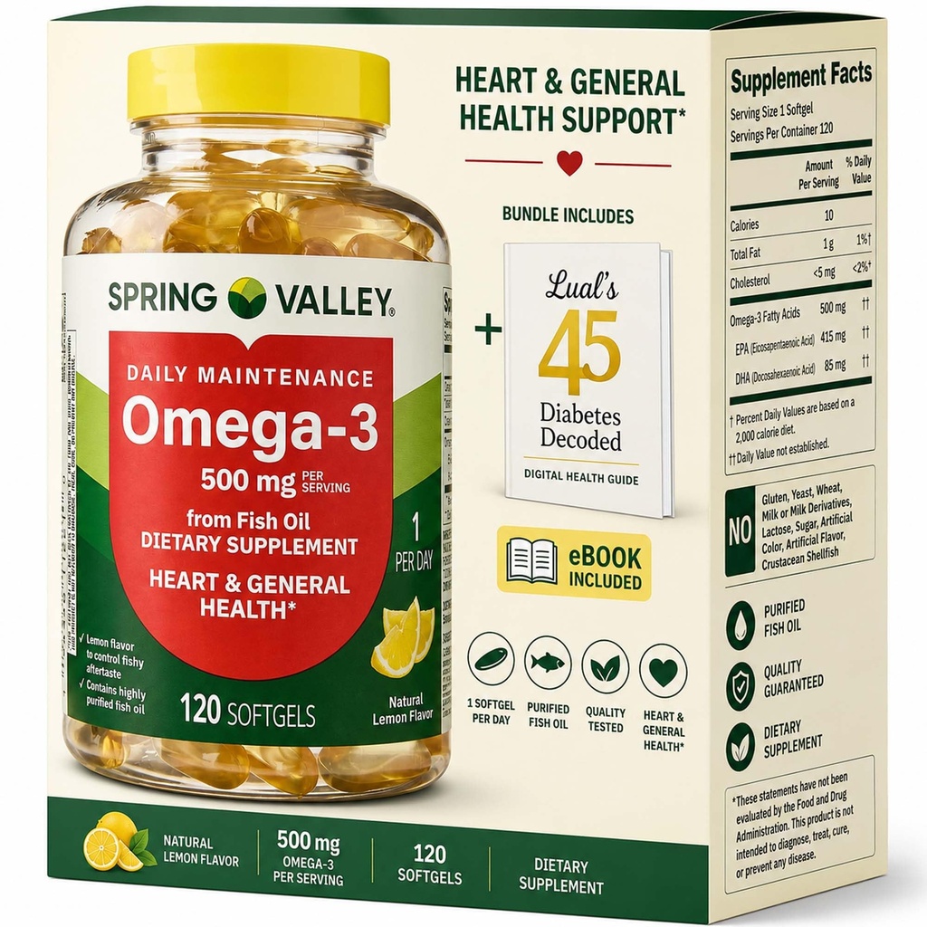 Spring Valley Omega-3 von Fish Oil 500 mg 120 Count, SoftGels, General & Heart Health Nahrungsergänzung Bundle mit Lualls 45 Diabetes Decodiert