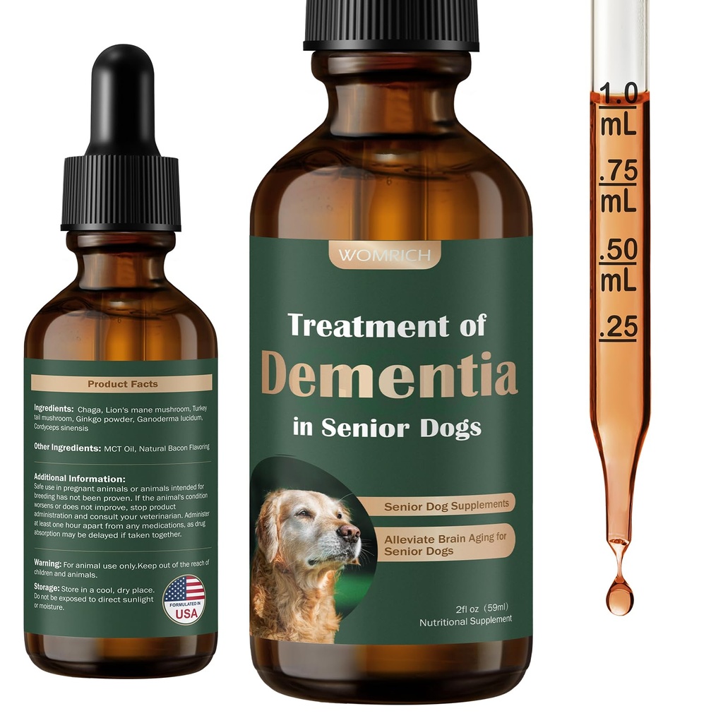 Senior Dog Ergänzungen für Gehirn Gesundheit & Nervous System Unterstützung, Pilz-Ergänzung für Hunde, Dementia-Ergänzung für Beruhigung & Entspannung, Adressen Lost, Soziale Rücktritt - 59 ML