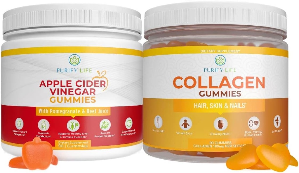 Apfelessig & Collagen Bundle, Gummie für Frauen Haarwachstum, Gesundere Haut & Nägel (Bulk 90 Gummie) Gelenkpflege Vitamin, Immununterstützung, Detox, Stoffwechsel, Herren Frauen Säure Reflux