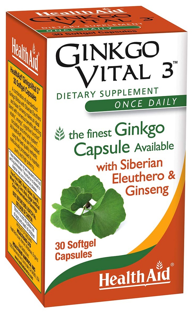 HealthAid Ginkgo Vital 3 – Einmal-Taily Softgel mit Ginkgo Biloba, Siberian Eleuthero & Korean Ginseng | Unterstützt  Men 30 Softgels