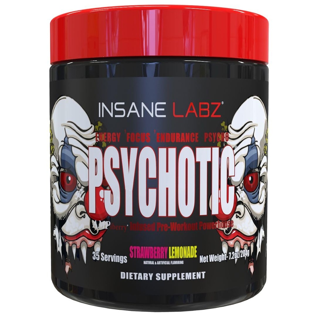 Insane Labz psychotique, poudre pré-entraînement stimulante élevée, énergie lassante extrême, focus et endurance avec Beta Alanine, Créatine Monohydrate, DMAE, 35 Srvgs (Lémonade de Strawberry)