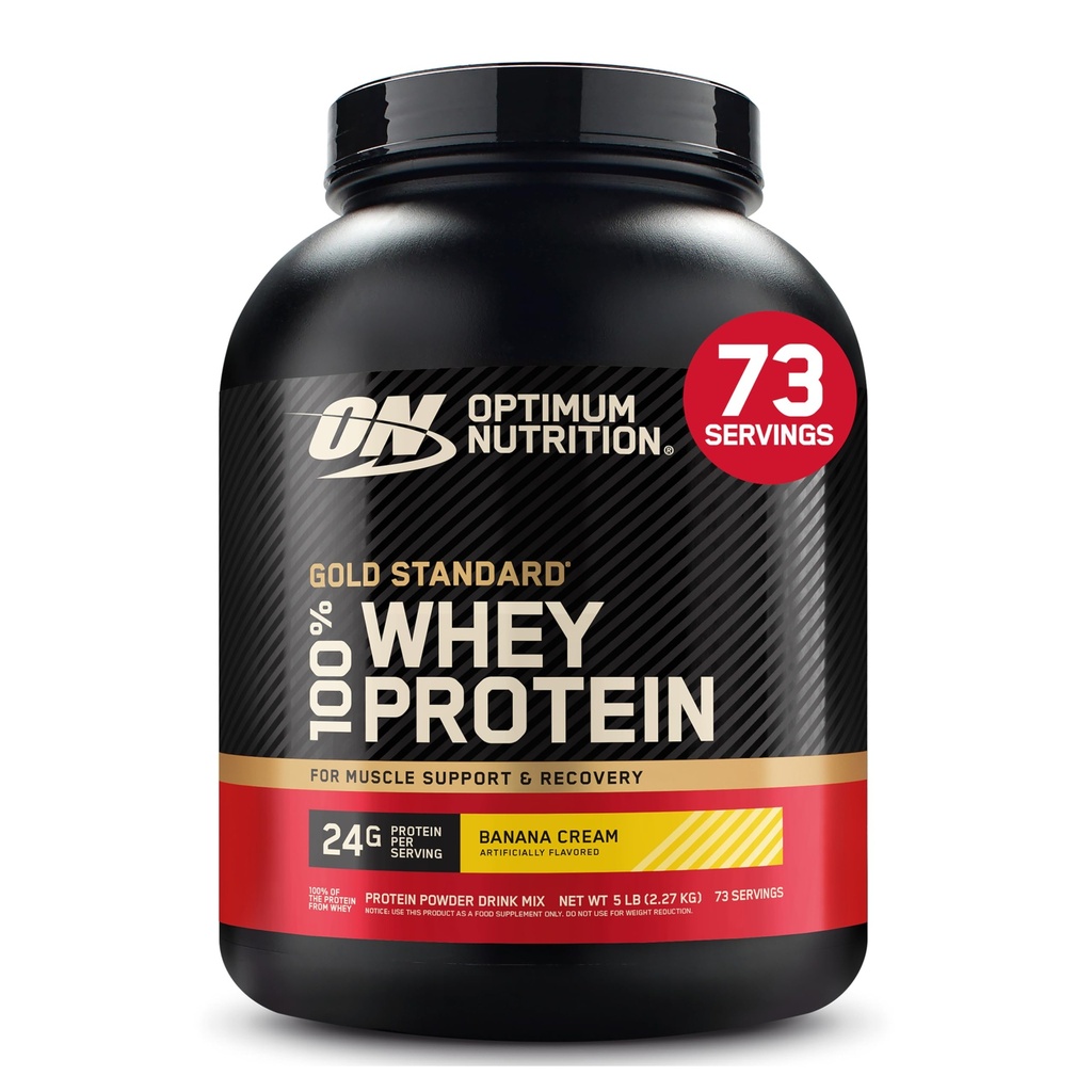 Optimum Nutrition Or Standard 100% poudre de protéines de lactosérum, crème de banane, 5 livres (emballage mai Vary)