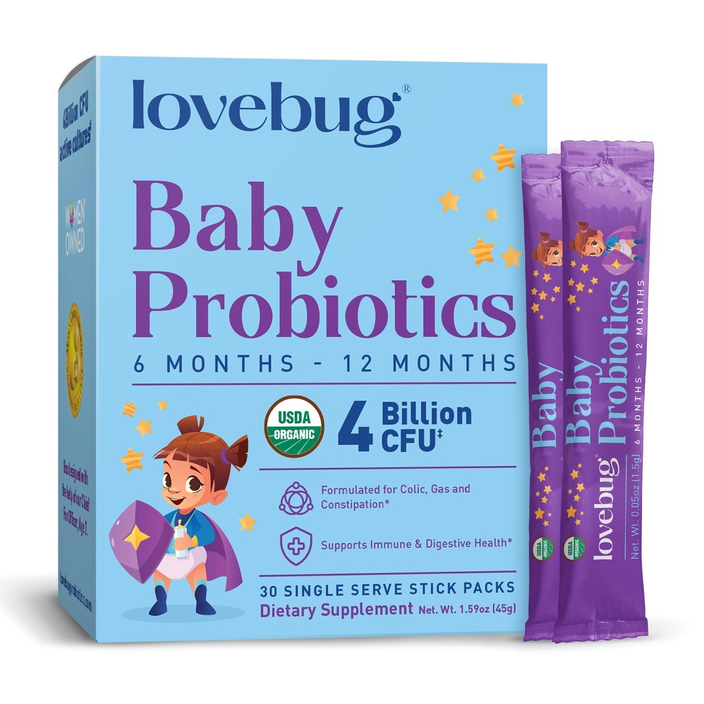 LOVEBUG Probiotiques pour bébés - Probiotiques pour bébés biologiques 6-12 mois pour le soutien immunitaire bébé, gaz, colique, diarrhée et de la constipation infantile soulagement sans sucre, poudre sans goût, 30 pack