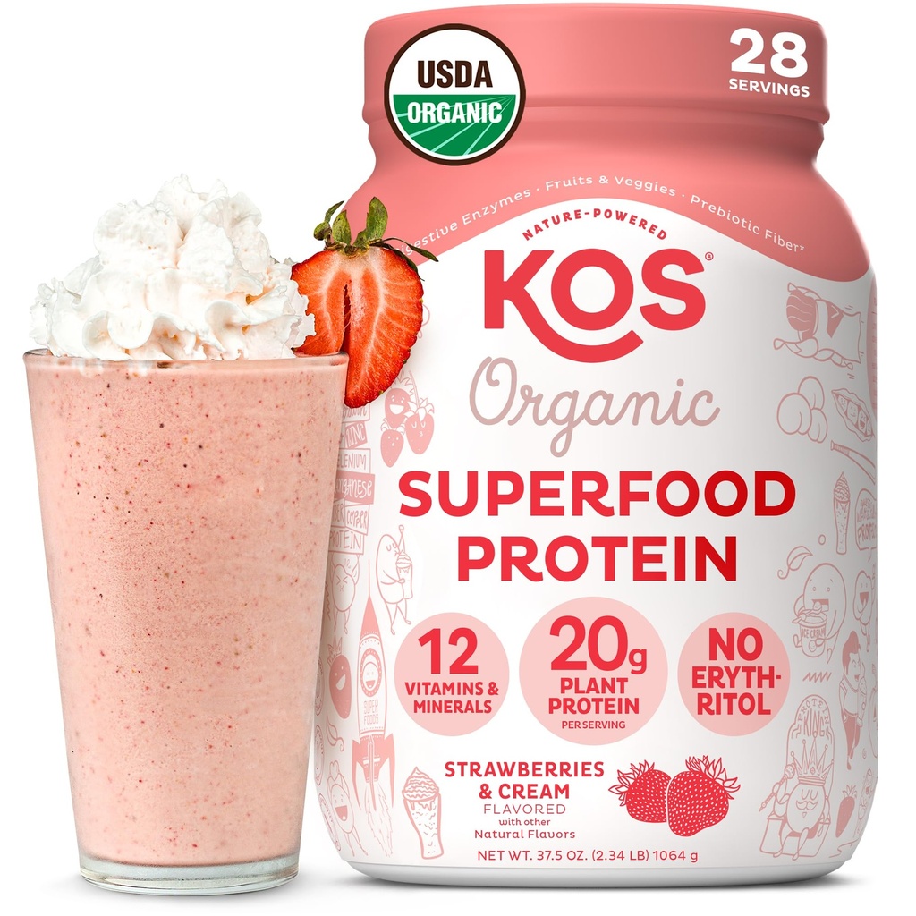KOS Vegan Protein Pulver, Erdbeeren & Cream USDA Organic - Low Carb Pea Protein Blend, Pflanzenbasierte Superfood mit Vitaminen & Minerals, Glutenfrei - Meal Ersatz für Damen & Herren - 28 Servierungen