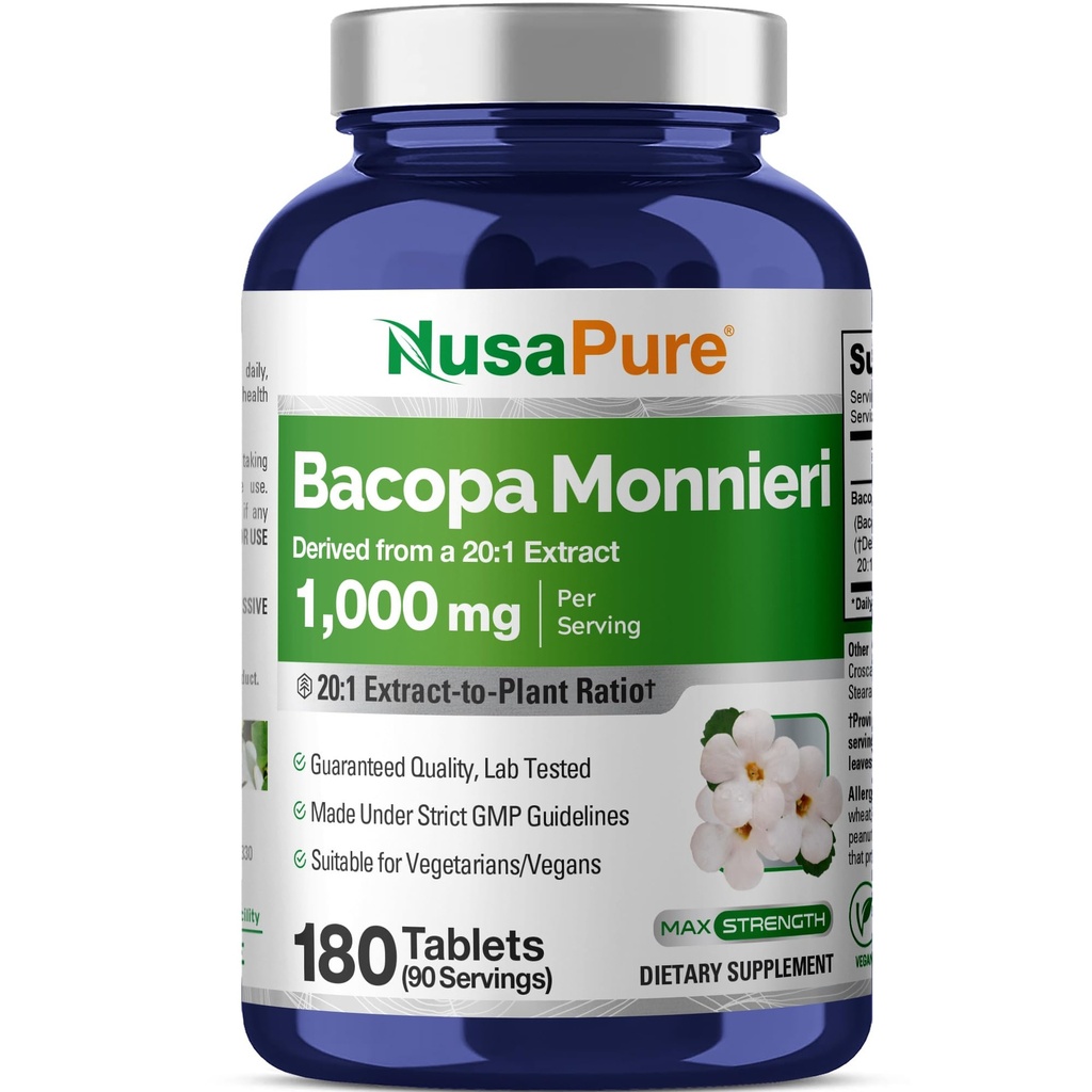 NusaPure Bacopa Blatt Monnieri Extrakt 20.000 mg 180 Tabletten (Extrakt 20:1, Non-GMO, Glutenfrei)