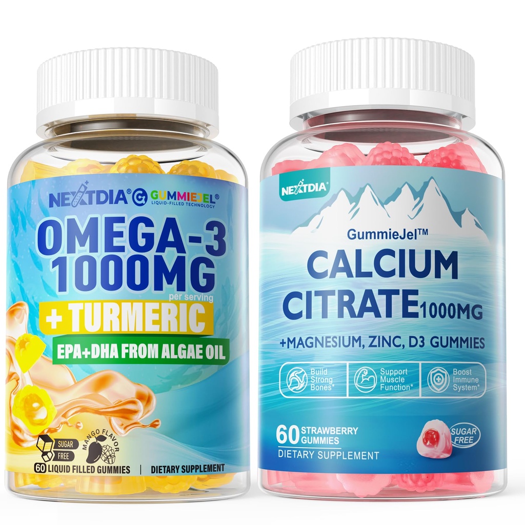 1Pack Zucker freies Calcium Citrat, Magnesium Citrat & 1Pack Vegan Omega-3 Gummis 1000mg + Kurkuma