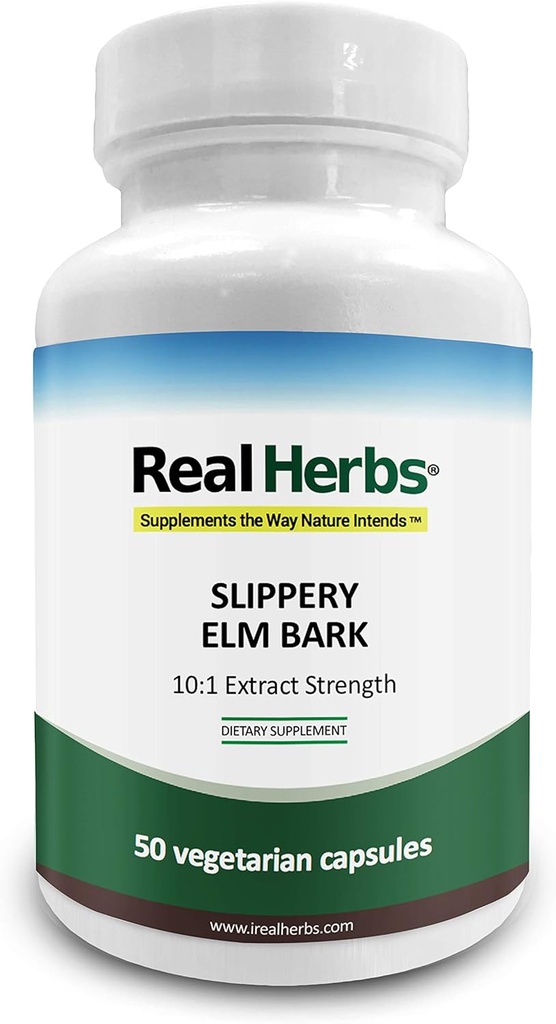 Véritables herbes Slippery Elm Bark Extrait extrait de 7000mg de Slippery Elm Bark avec 10:1 Extrait de force- Soignes Douleur des muqueuses Membranes, Antioxydants soins de la peau – 50 Capsules végétariennes