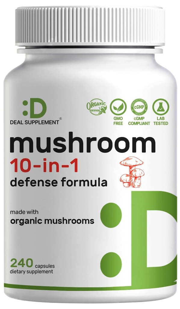 Bio 10-in-1 Pilz-Ergänzung, 240 Kapseln – Lions Mane, Turkey Tail, Reishi, Cordyceps & More Mushroom Complex – Immun, Energy & Nootropic Brain Support – Non-GMO