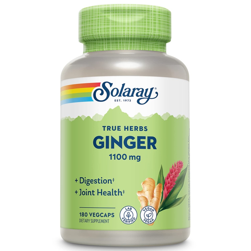 SOLARAY Ginger Capsules de racine pour hommes et femmes - Supplément de ginger pour le soutien de la santé digestive, 1100 mg par portion, mouvement et soutien du malaise de l'estomac, plante végétalienne, croissance du soleil, racine entière - 180 capsules de légumes