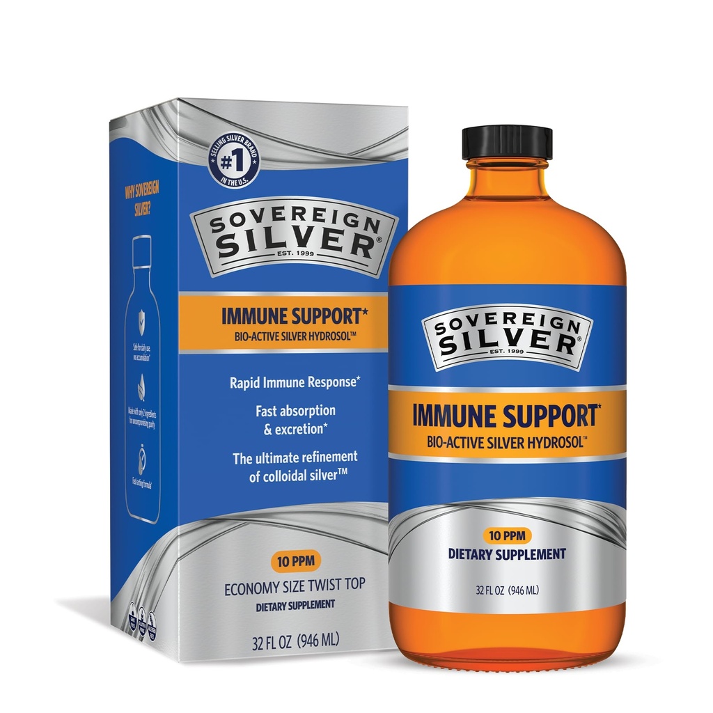 Support immune en argent souverain - Argent colloïdal, hydrosol en argent bioactif, 10 ppm, haut de torsion liquide, 32 Fl Oz, (946 mL)