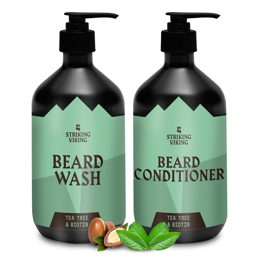 Laver et revitalisant Viking Strikeing (Tea Tree & Biotin) - soin de nettoyage sans paraben et sulfate pour tous les types de barbe (10oz par bouteille)