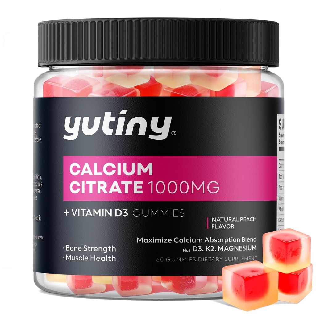 Calcium Citrat gefüllte Gummie, extra Absorption Calcium Citrat 1000mg mit Vitamin D3, K2 & Magnesium, Kaubare Ergänzung für Knochen, Muskelgesundheit, 60 Zähler