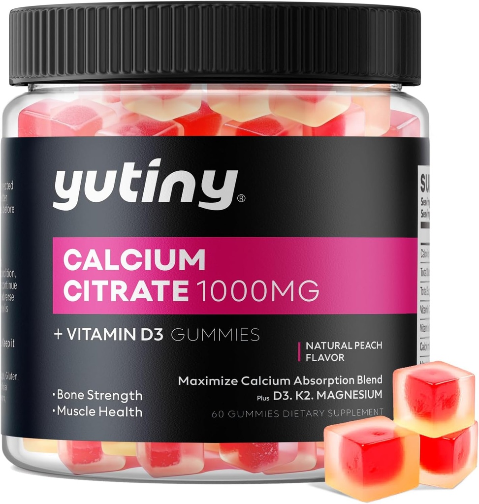 Calcium Citrat gefüllte Gummie, extra Absorption Calcium Citrat 1000mg mit Vitamin D3, K2 & Magnesium, Kaubare Ergänzung für Knochen, Muskelgesundheit, 60 Zähler