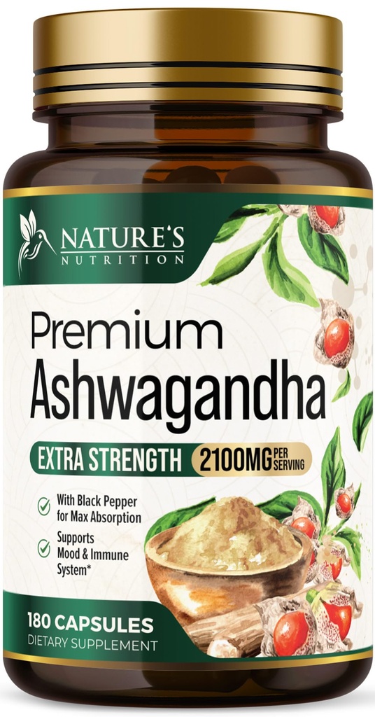 Ashwagandha Ergänzungen - 2100mg Ashwagandha Kapsel für Damen und Herren, Natürliche Antioxidantien Unterstützung, Ashwa Root Extract, Extra Strength Calm Support mit schwarzem Pfeffer, Vegan & Gluten kostenlos - 180 Kapseln
