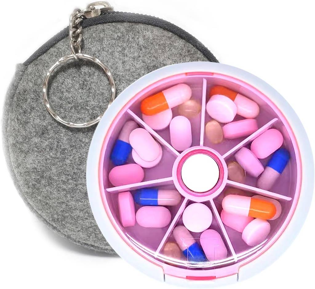 Pill Organizer Reise Pille Fall für Geldbörse Tragbare Pille Box Runde Wöchentlich Pille Behälter für Vitamin Fisch Öl Pillen Ergänzungen (Pink+Bag)