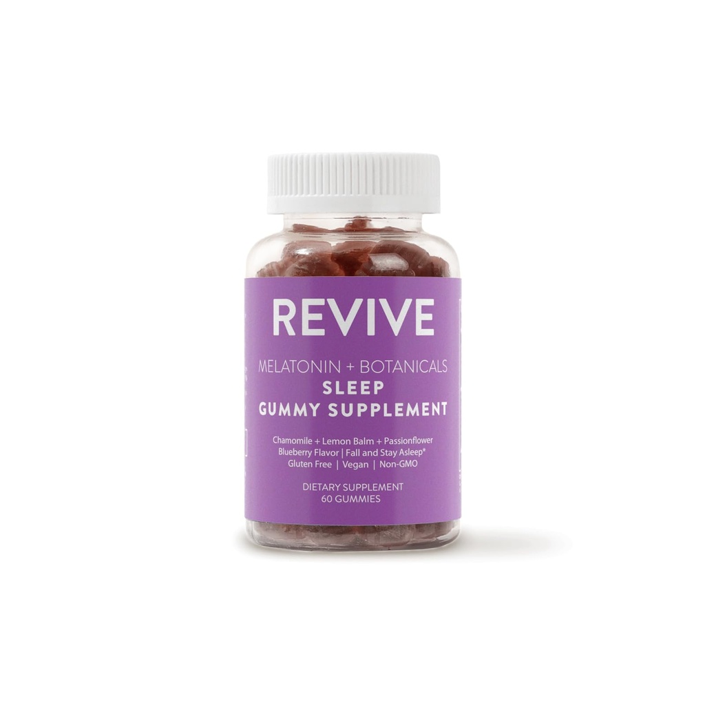 REVIVEEO Melatonin & Botanicals Sleep Gummy Supplement von Revive Essential Oils mit Kamille, Zitronenbalsam & Passionflower - 5 mg Melatonin - Blueberry Flavored