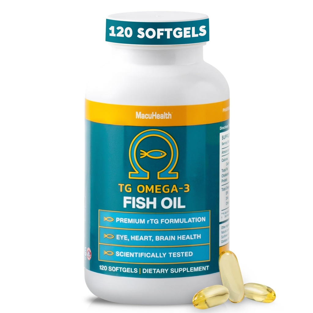 Macuhealth Omega 3 Fischöl - 1100mg DHA, 1100mg EPA, Eye & Brain Health Supplement, Triglycerid-Formel, 120 Softgels