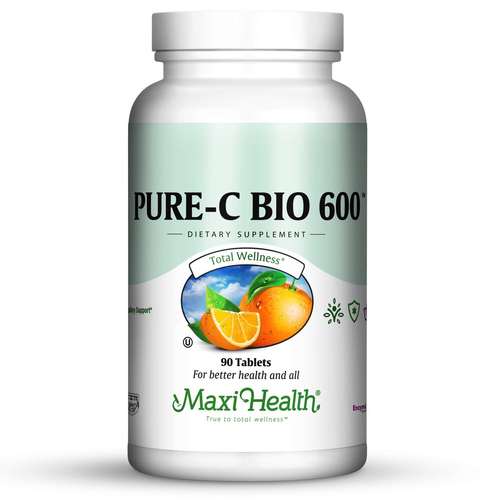 Supplément complexe de vitamine C 600 mg – Comprimés quotidiens recommandés de vitamine C avec des bioflavonoïdes de citron, du calcium et du phosphore – Soutien de santé immunitaire – Pure-C Bio 600 - Non-OGM, Vit C Comprimés végétaliens 90