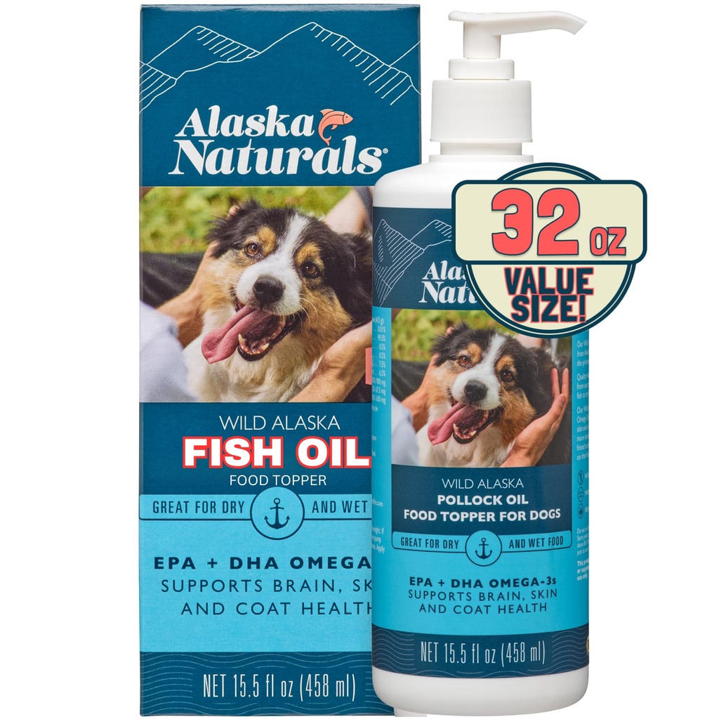 Alaska Naturals Wild Alaskan Fish Oil Supplement für Hunde Haut und Mantel mit EPA DHA Omega 3 Fettsäuren Nachhaltige flüssige Nahrung Topper 32 oz. Pumpe