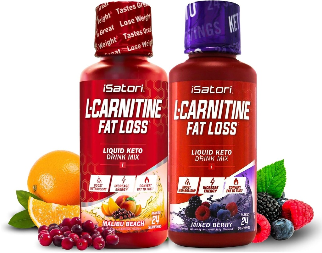 iSatori L-Carnitine 1500, L-Carnitine liquide à l'acétyl L-Carnitine, mélange d'arôme de baie (24 portions) et d'arôme de plage de Malibu (24 portions)